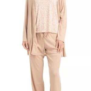 Muk Luks Loungewear Set, New 3 pieces, Caramel Leopard Top, Tan Cardigan & Pants